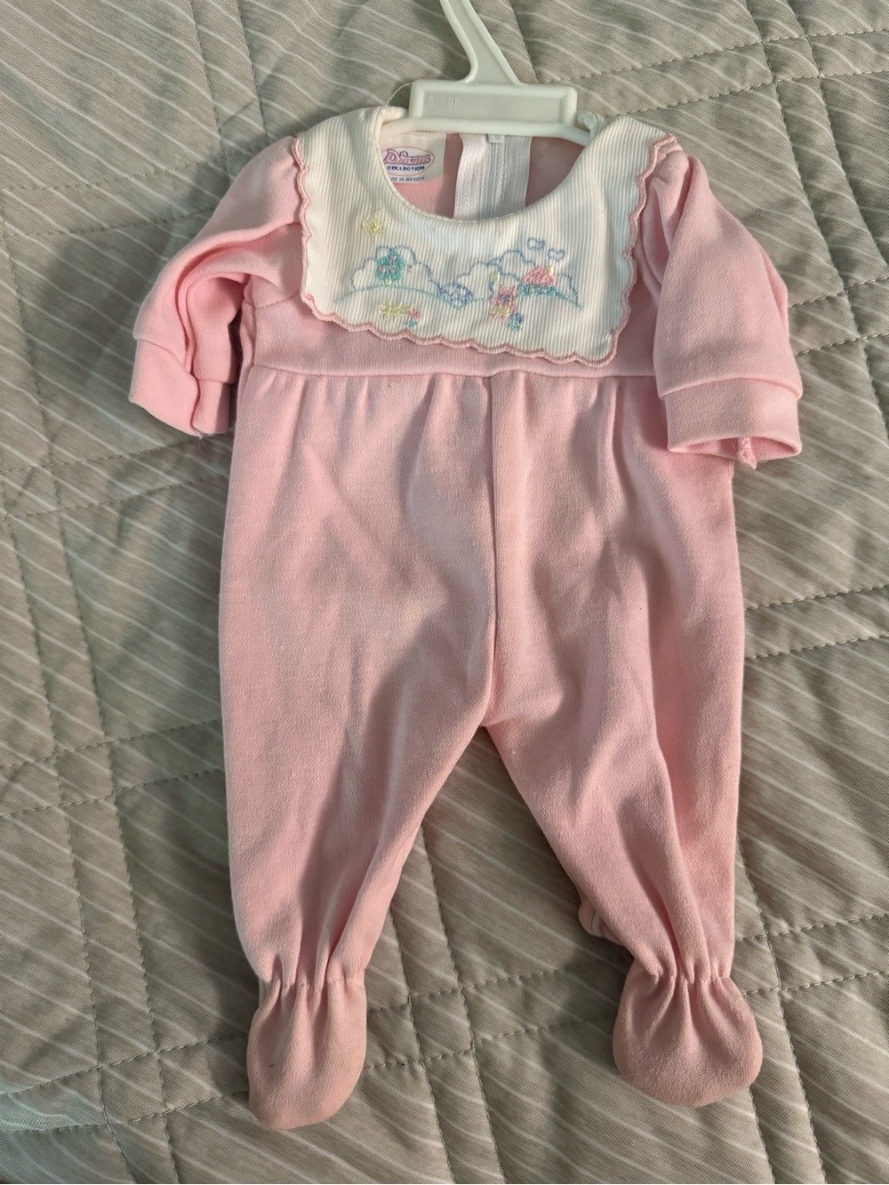 Vintage Pink Baby Doll One-Piece Footed Sleeper with Bib Detail